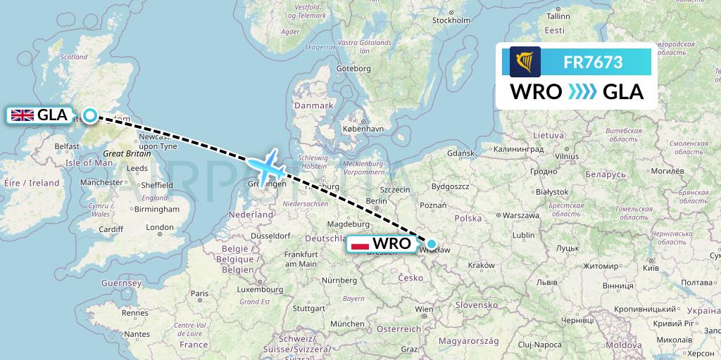 FR7673 Ryanair Flight Map: Wroclaw to Glasgow