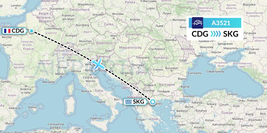 A3521 Aegean Airlines Flight Map: Paris to Thessaloniki