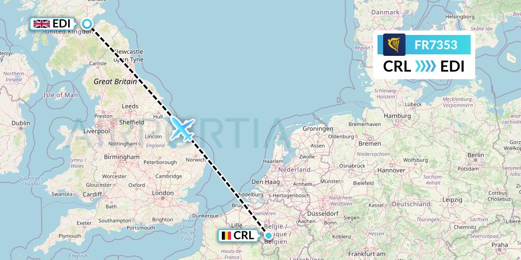 FR7353 Ryanair Flight Map: Brussels to Edinburgh