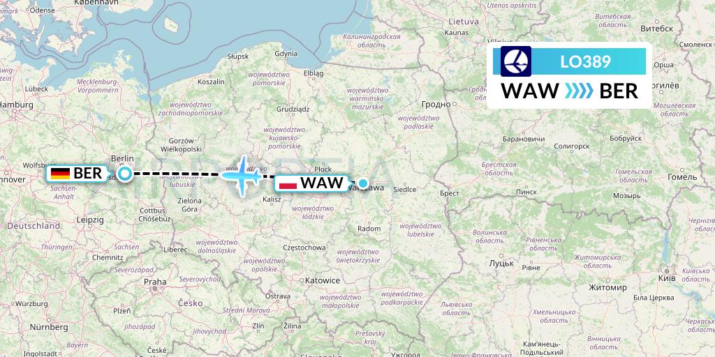 LO389 LOT Flight Map: Warsaw to Berlin