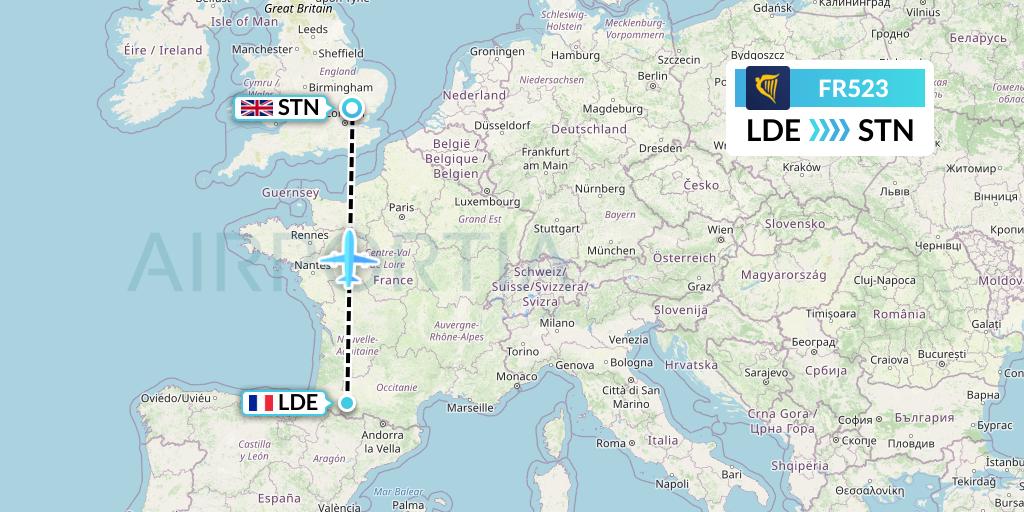 FR523 Ryanair Flight Map: Tarbes to London