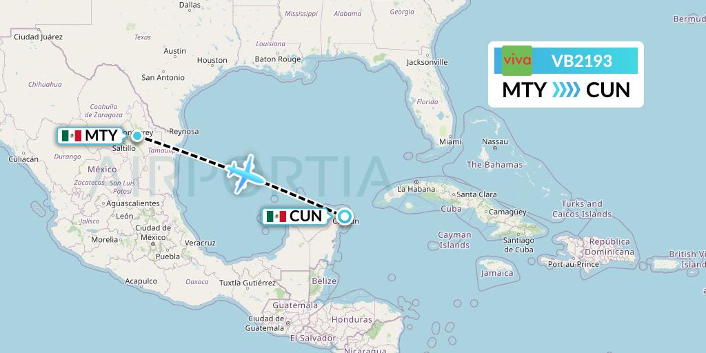 VB2193 VivaAerobus Flight Map: Monterrey to Cancun