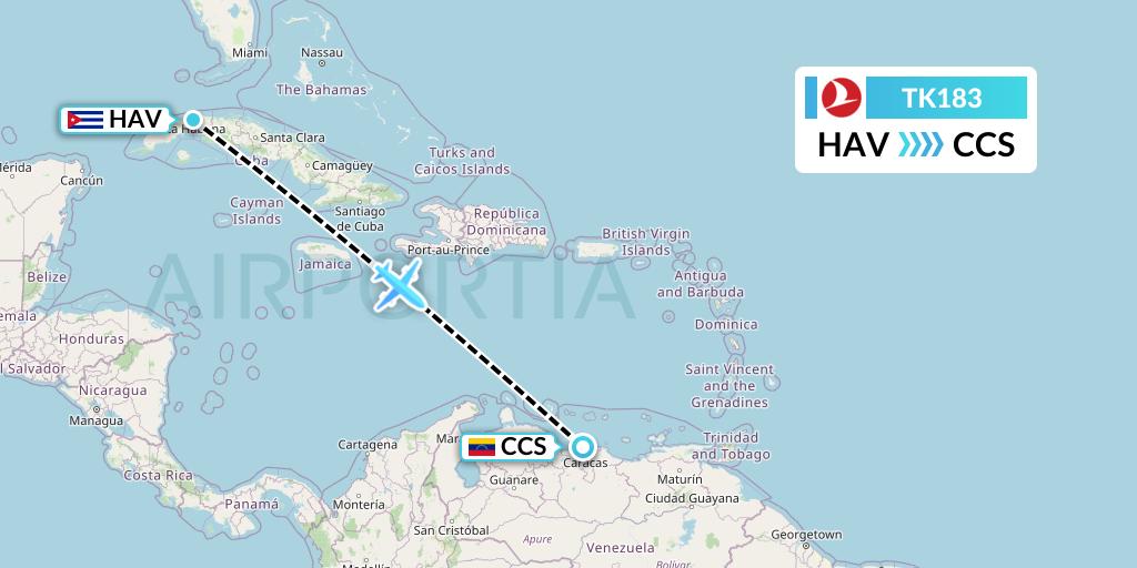 TK183 Turkish Airlines Flight Map: Havana to Caracas