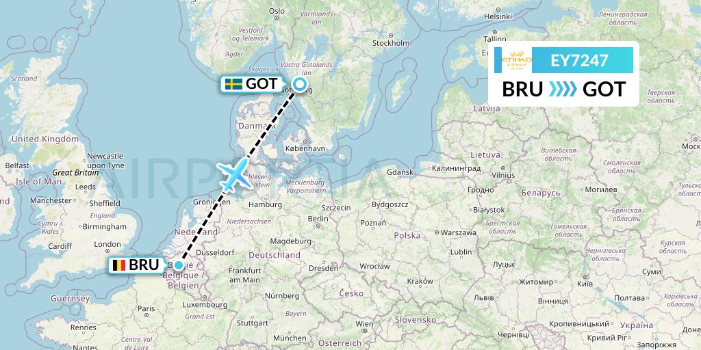 EY7247 Etihad Airways Flight Map: Brussels to Gothenburg