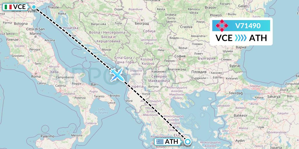 V71490 Volotea Flight Map: Venice to Athens
