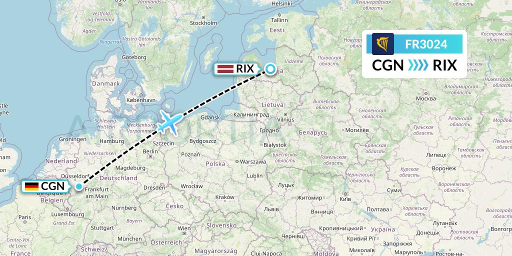 FR3024 Ryanair Flight Map: Cologne to Riga