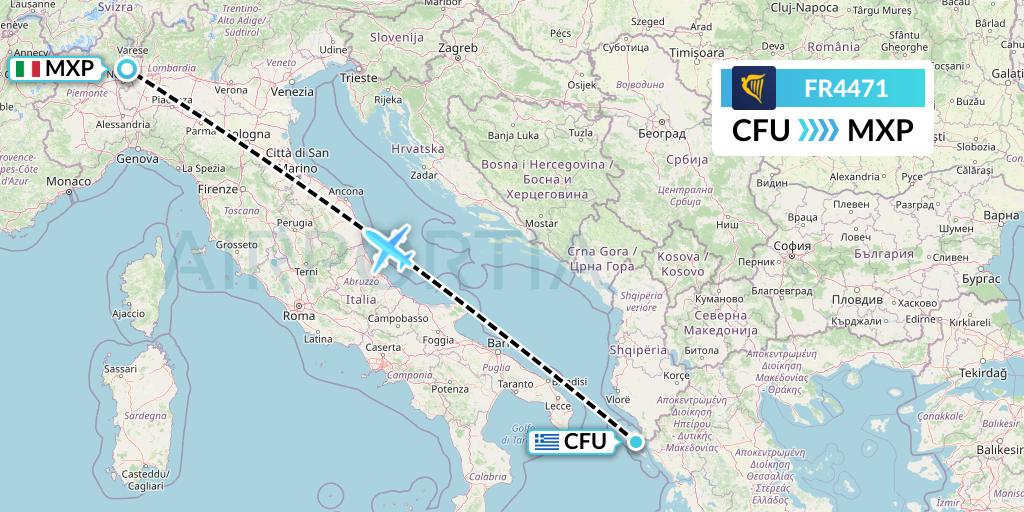 FR4471 Ryanair Flight Map: Corfu to Milan