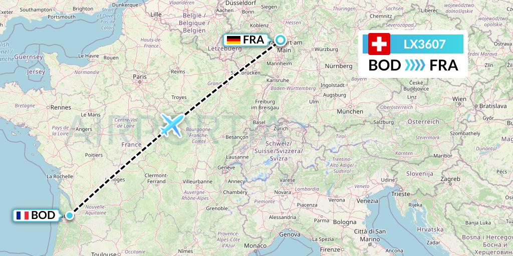 LX3607 Swiss Flight Map: Bordeaux to Frankfurt