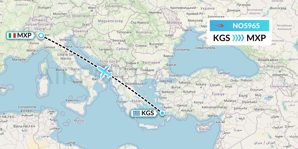 NO5965 Neos Flight Map: Kos to Milan