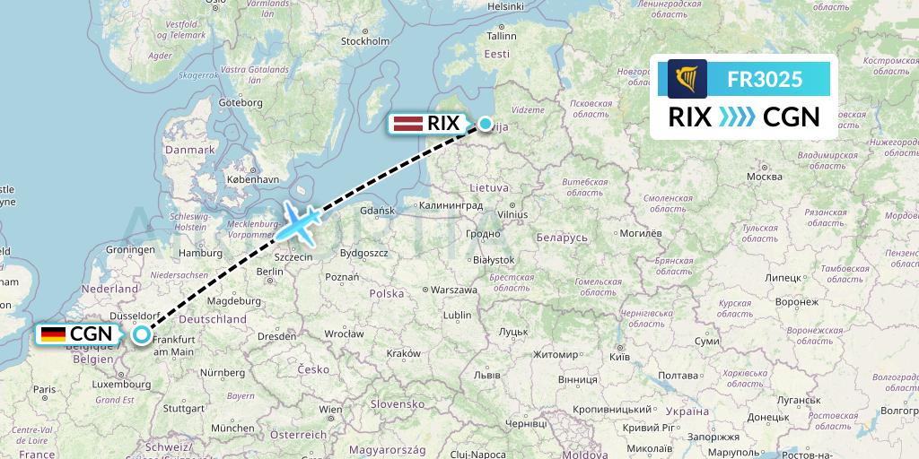 FR3025 Ryanair Flight Map: Riga to Cologne