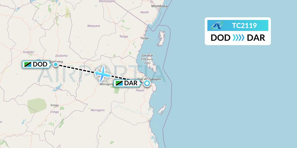 TC2119 Air Tanzania Flight Map: Dodoma to Dar-es-Salaam