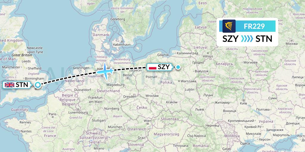 FR229 Ryanair Flight Map: Olsztyn to London