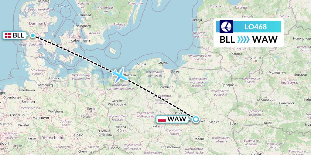 LO468 LOT Flight Map: Billund to Warsaw