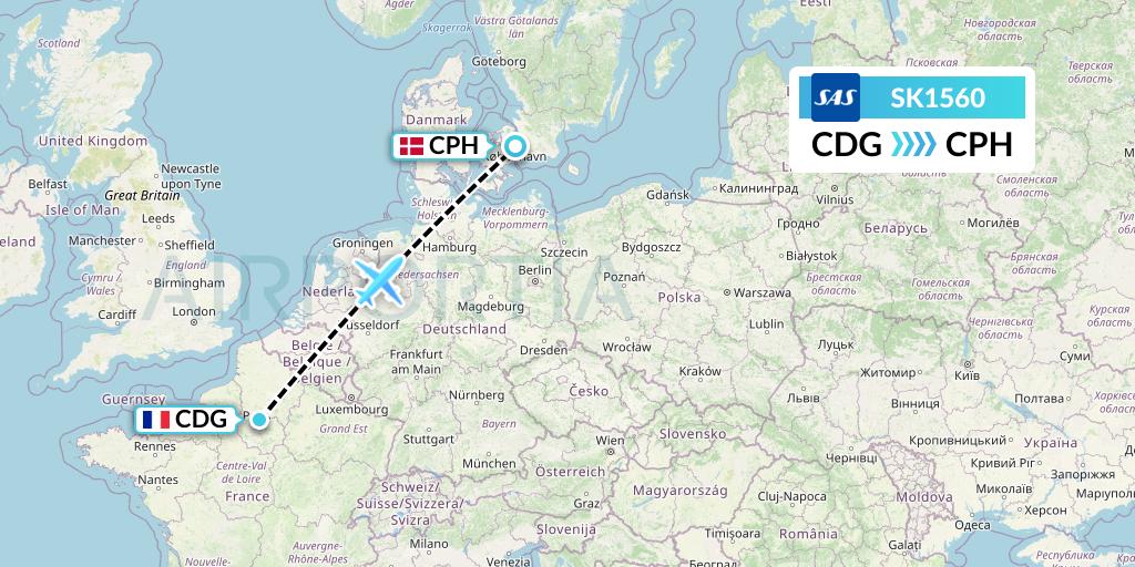 SK1560 SAS Flight Map: Paris to Copenhagen