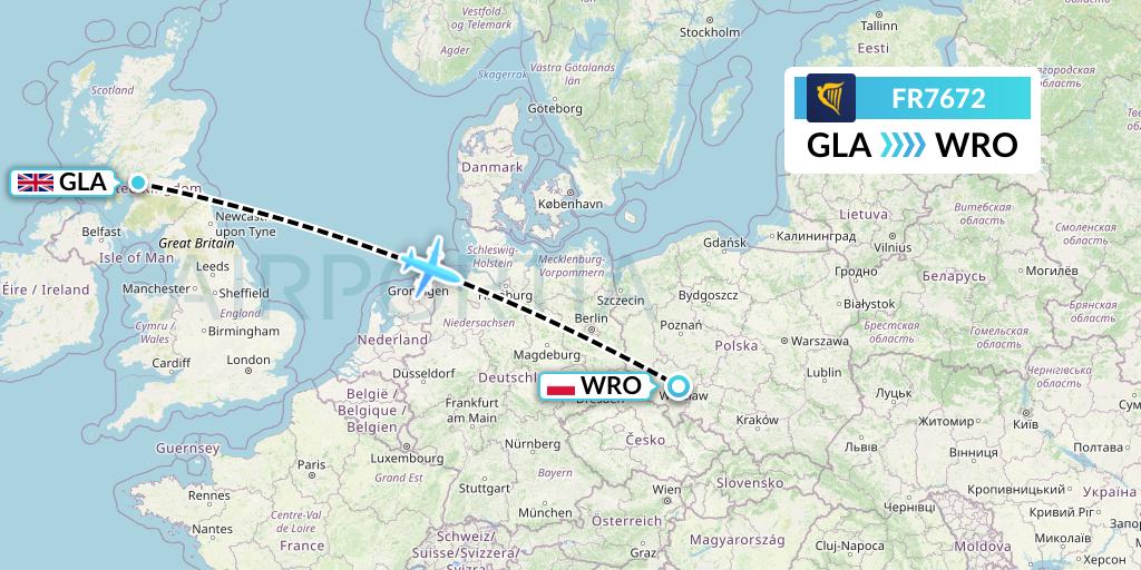 FR7672 Ryanair Flight Map: Glasgow to Wroclaw