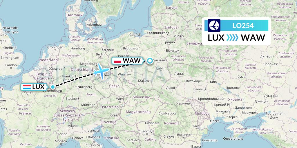 LO254 LOT Flight Map: Luxembourg to Warsaw