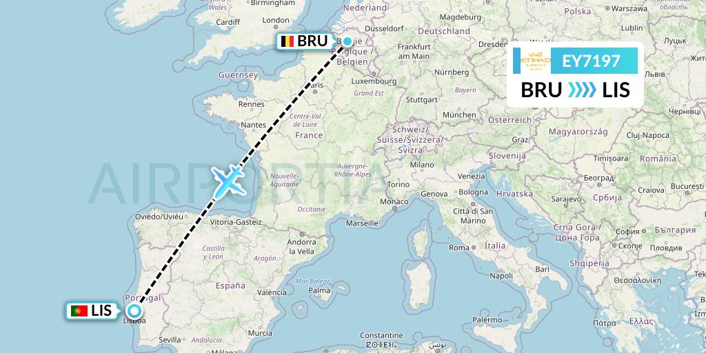 EY7197 Etihad Airways Flight Map: Brussels to Lisbon