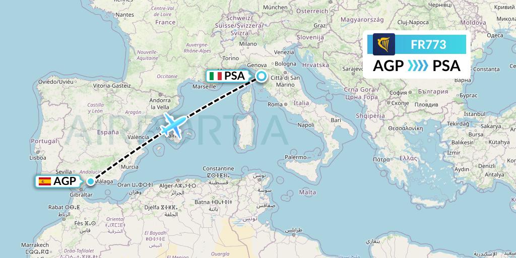 FR773 Ryanair Flight Map: Malaga to Pisa