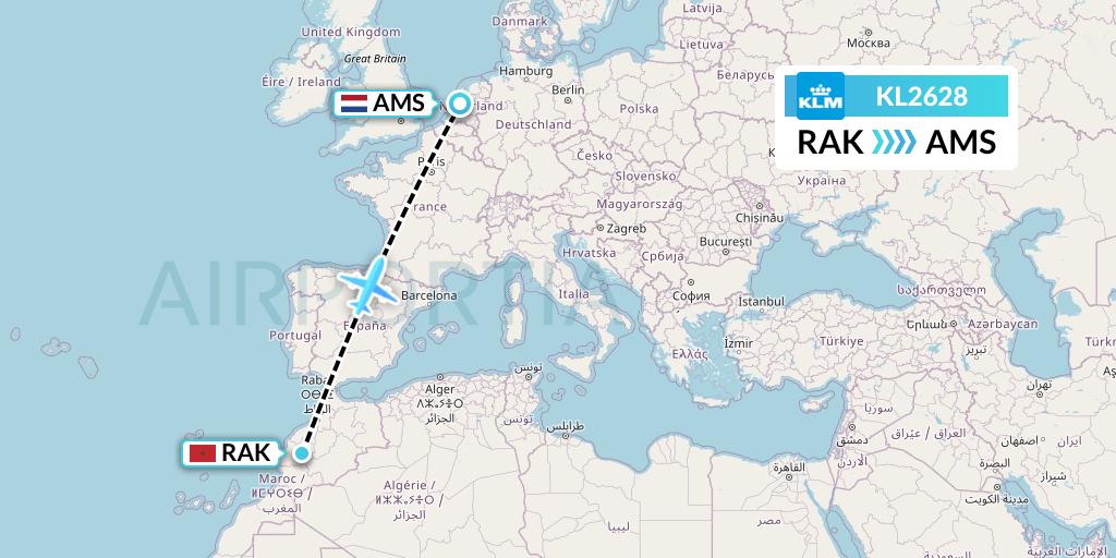 KL2628 KLM Flight Map: Marrakesh to Amsterdam