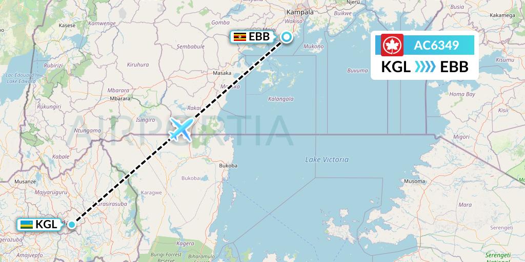 AC6349 Air Canada Flight Map: Kigali to Entebbe