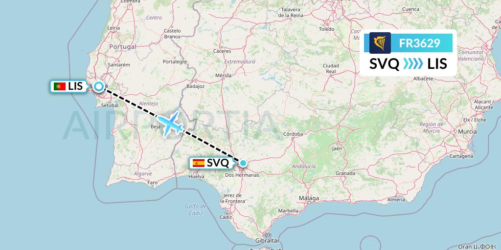 FR3629 Ryanair Flight Map: Seville to Lisbon