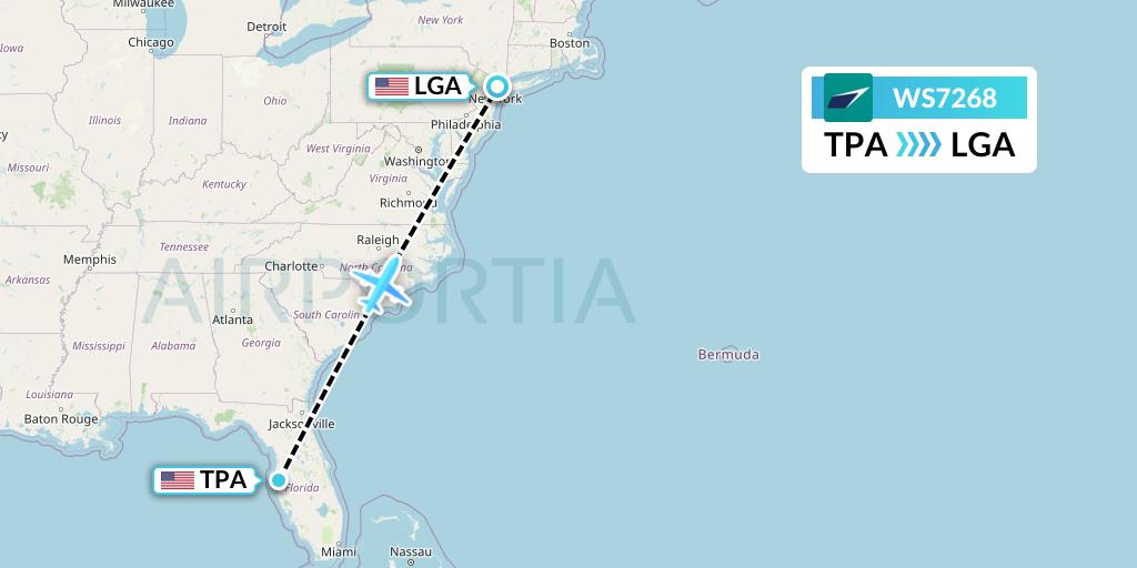 WS7268 WestJet Flight Map: Tampa to New York