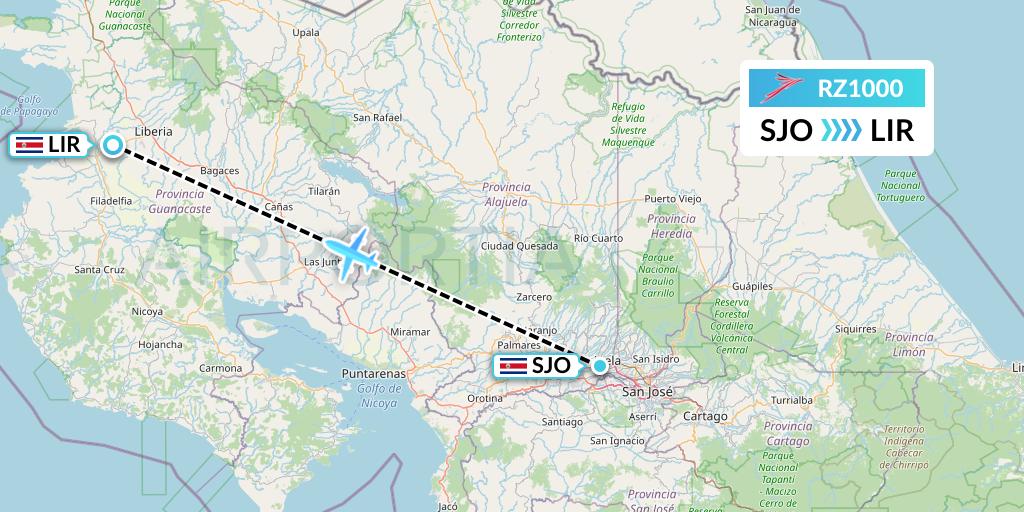 RZ1000 Sansa Airlines Flight Map: San Jose to Liberia
