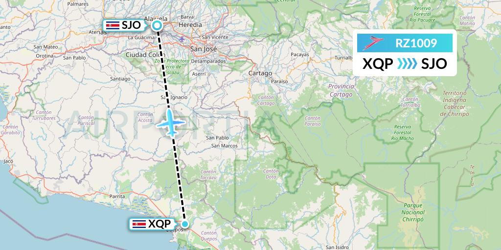 RZ1009 Sansa Airlines Flight Map: Quepos to San Jose