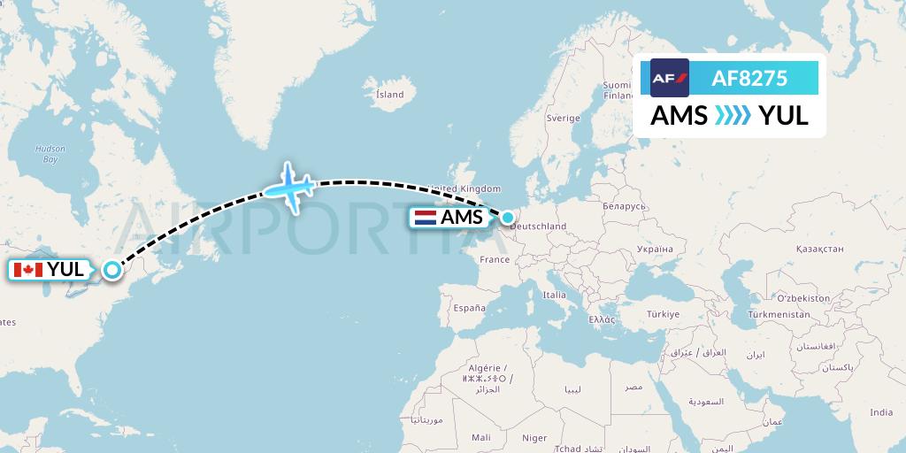AF8275 Air France Flight Map: Amsterdam to Montreal