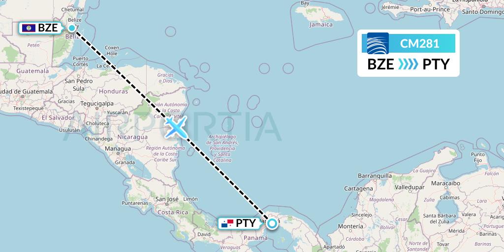 CM281 Copa Airlines Flight Map: Belize City to Panama City