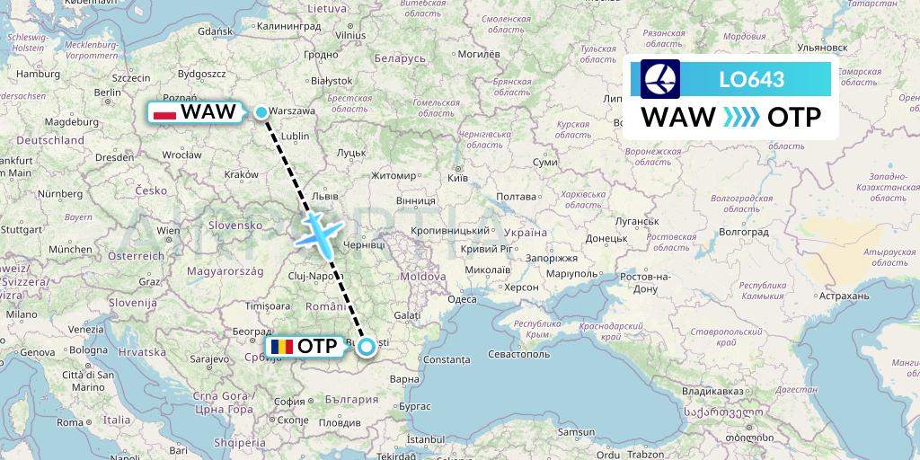 LO643 LOT Flight Map: Warsaw to Bucharest
