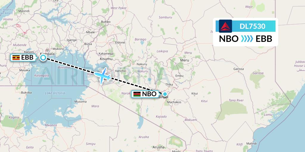 DL7530 Delta Air Lines Flight Map: Nairobi to Entebbe