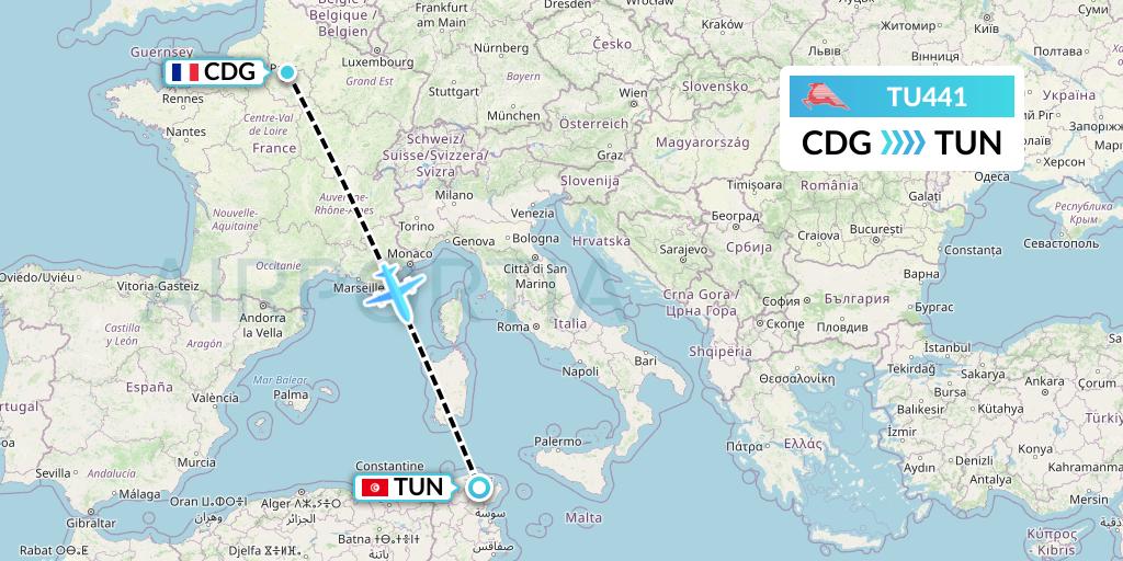 TU441 Tunisair Flight Map: Paris to Tunis
