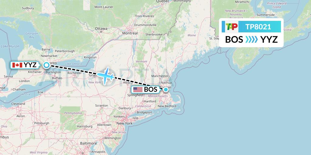 TP8021 TAP Portugal Flight Map: Boston to Toronto