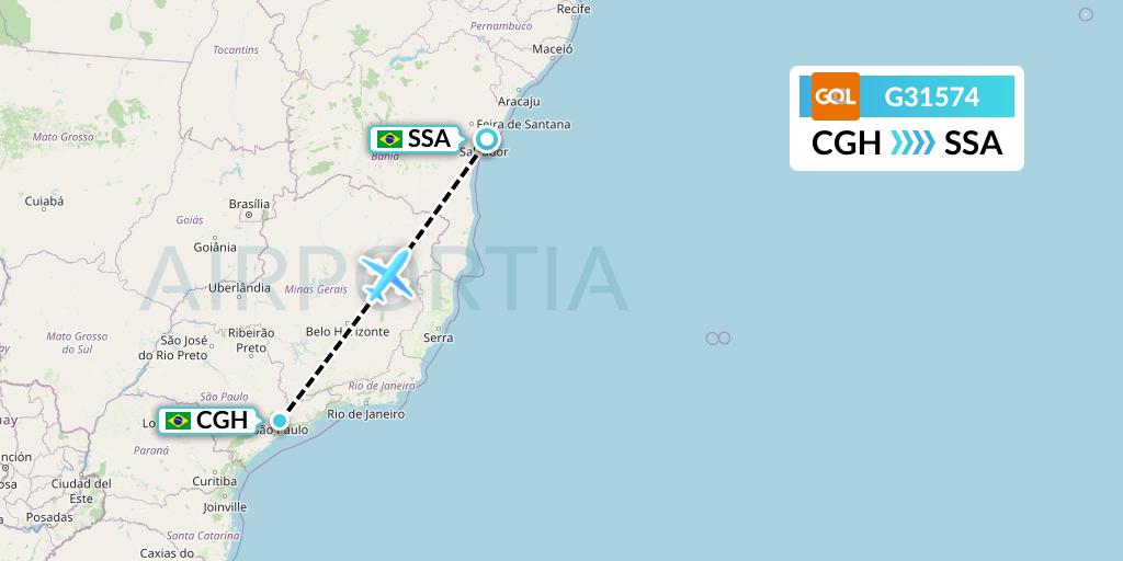 G31574 GOL Transportes Aeros Flight Map: Sao Paulo to Salvador
