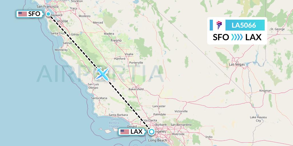 LA5066 LAN Airlines Flight Map: San Francisco to Los Angeles