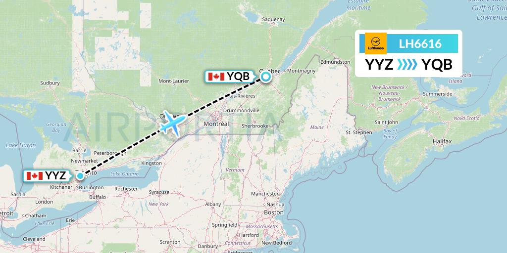 LH6616 Lufthansa Flight Map: Toronto to Quebec