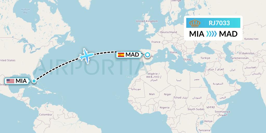 RJ7033 Royal Jordanian Flight Map: Miami to Madrid