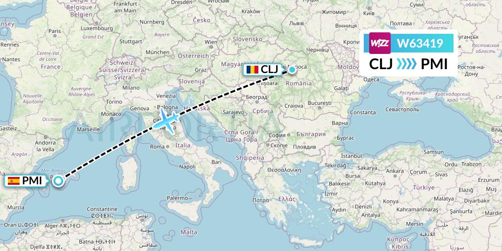W63419 Wizz Air Flight Map: Cluj-Napoca to Palma de Mallorca