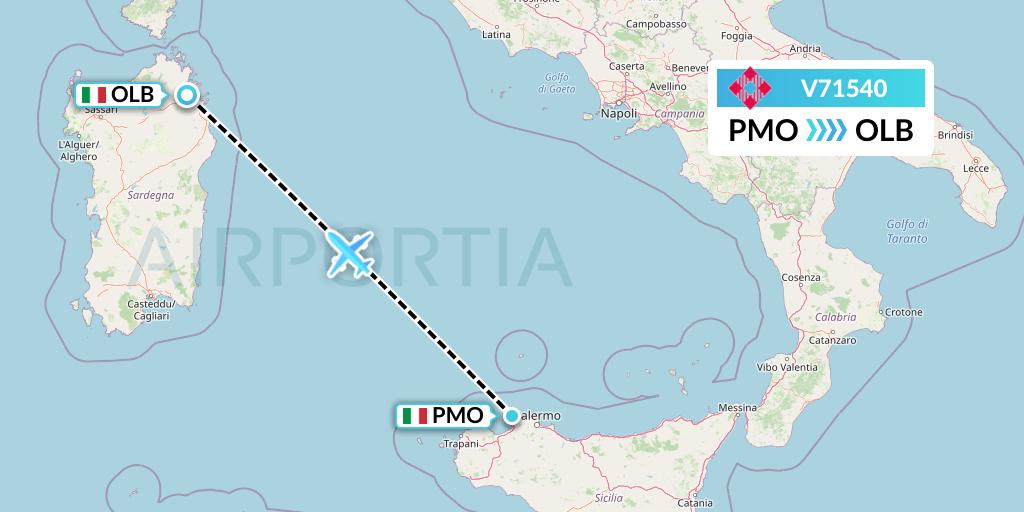 V71540 Volotea Flight Map: Palermo to Olbia