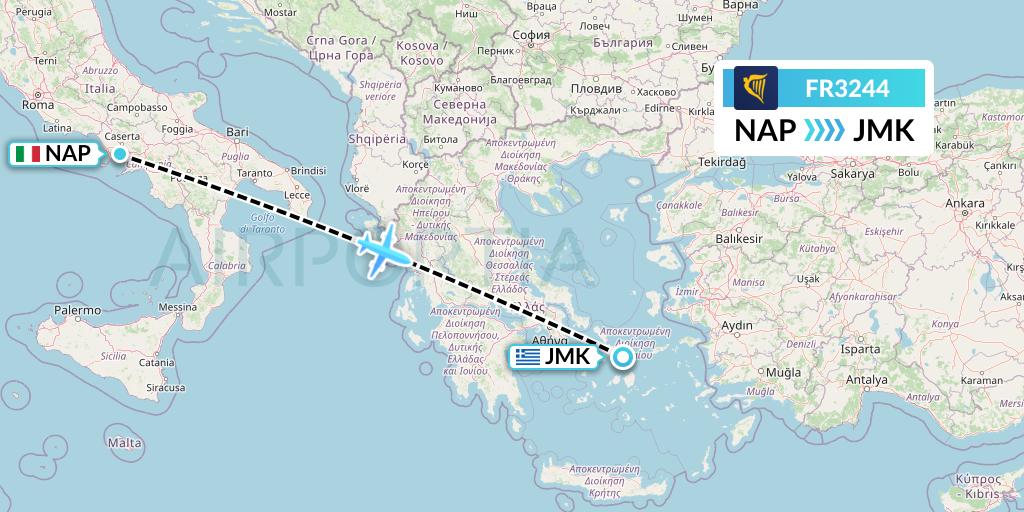 FR3244 Ryanair Flight Map: Naples to Mykonos