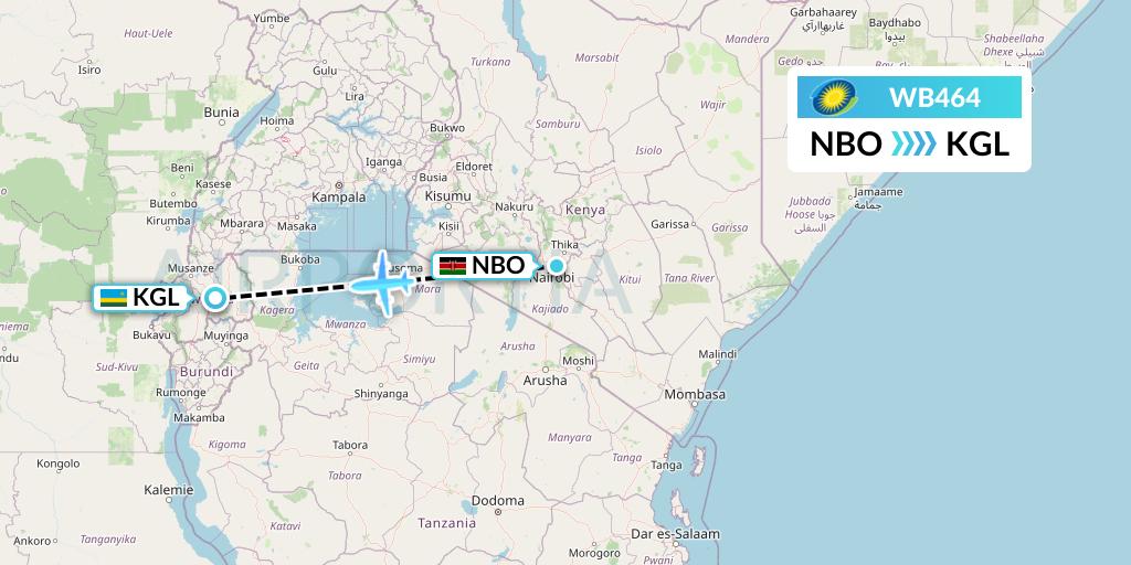 WB464 RwandAir Flight Map: Nairobi to Kigali
