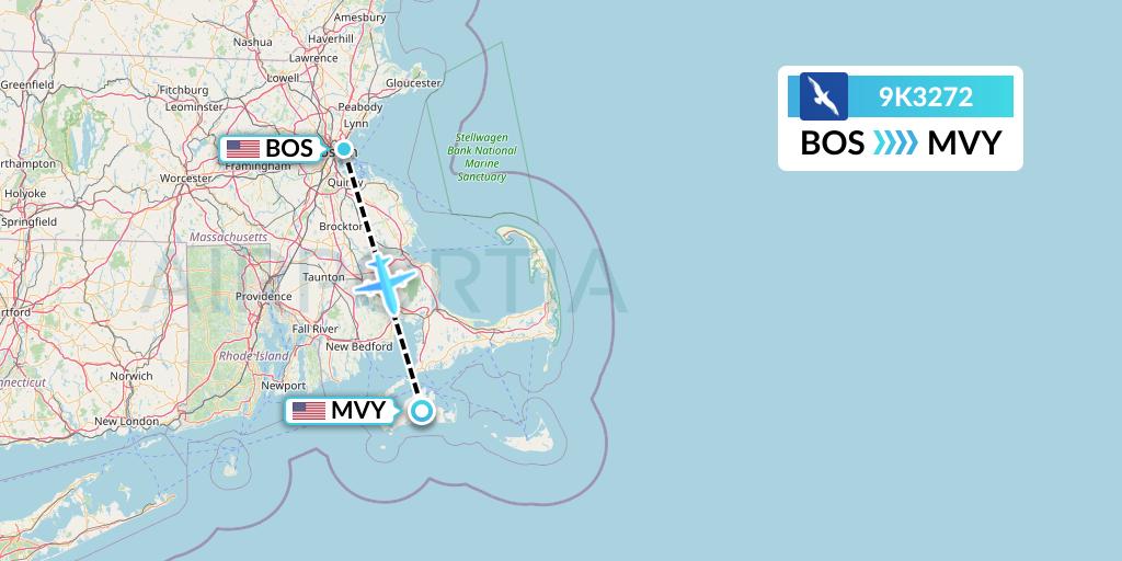 9K3272 Cape Air Flight Map: Boston to Martha's Vineyard