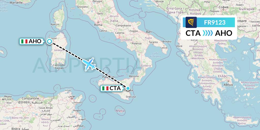 FR9123 Ryanair Flight Map: Catania to Alghero