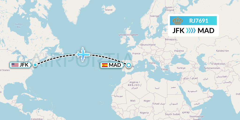 RJ7691 Royal Jordanian Flight Map: New York to Madrid