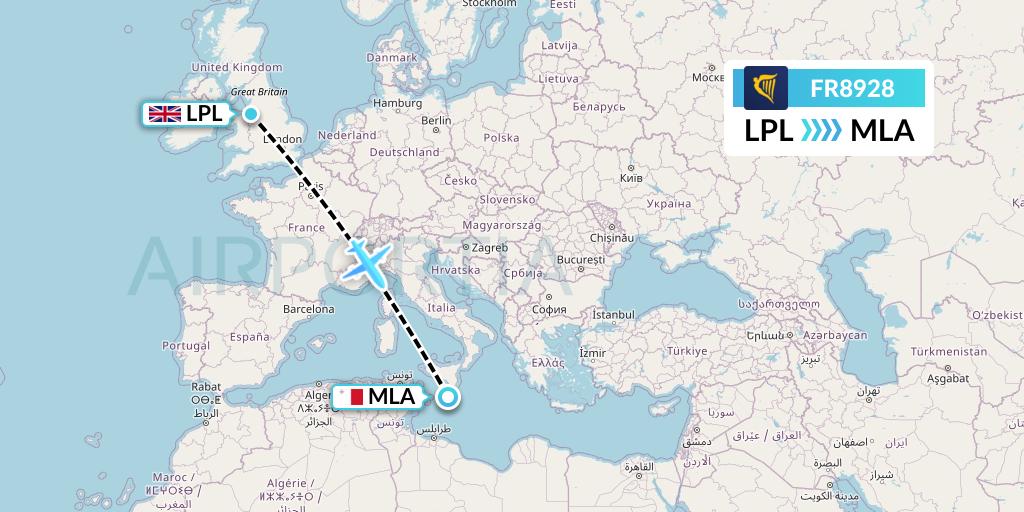 FR8928 Ryanair Flight Map: Liverpool to Malta