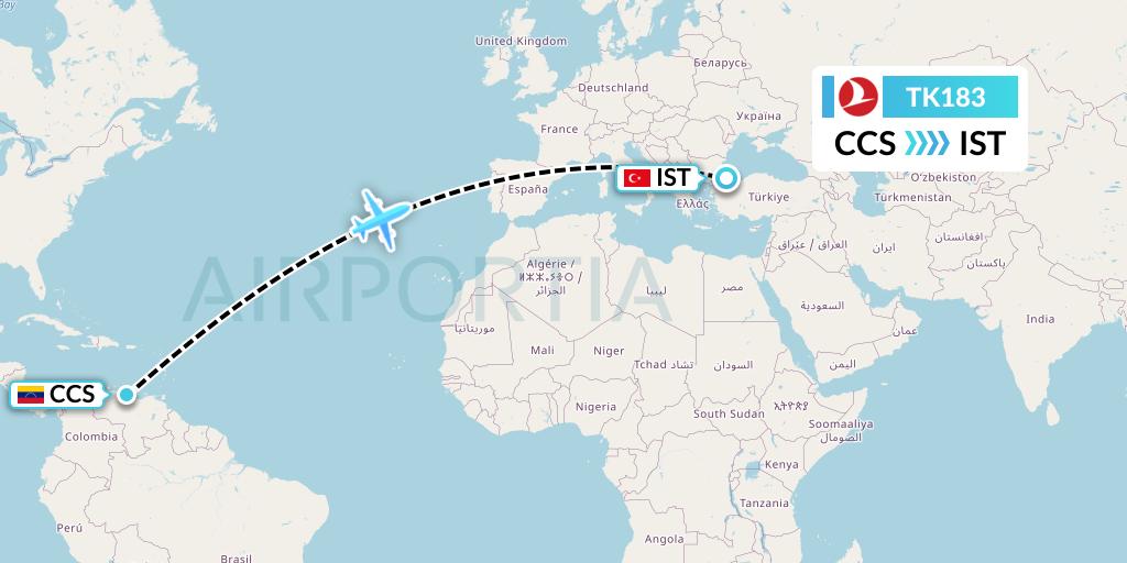 TK183 Turkish Airlines Flight Map: Caracas to Istanbul