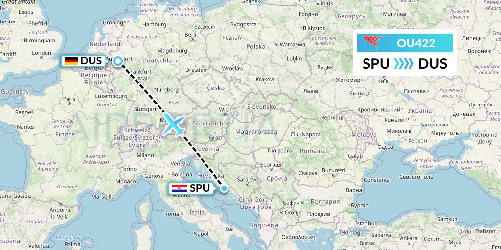 OU422 Croatia Airlines Flight Map: Split to Dusseldorf