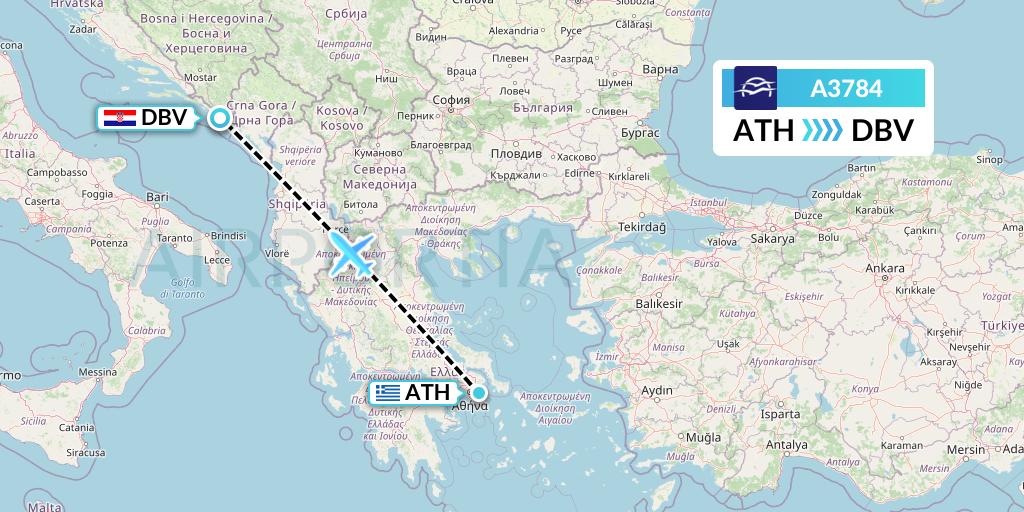 A3784 Aegean Airlines Flight Map: Athens to Dubrovnik