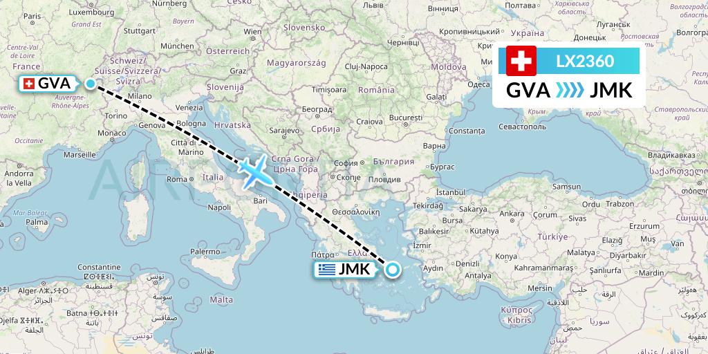 LX2360 Swiss Flight Map: Geneva to Mykonos